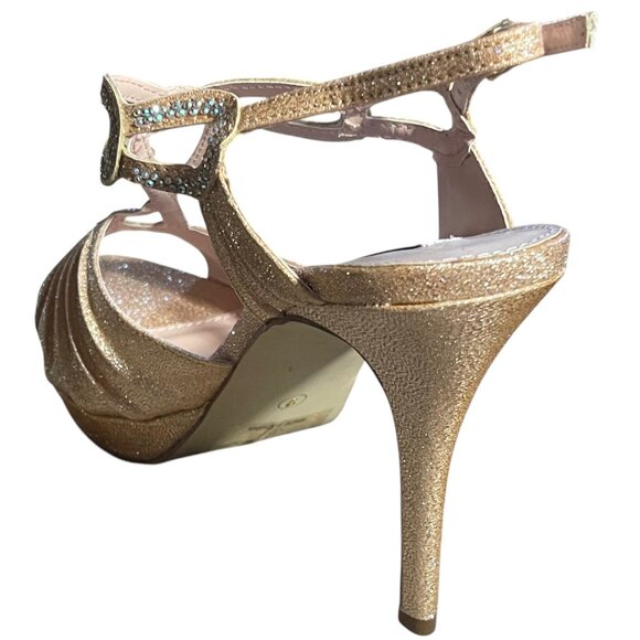 Glitzy Champagne Grandeur Rhinestone Peep Toe High Heels Strappy Dress Shoes - Picture 5 of 7